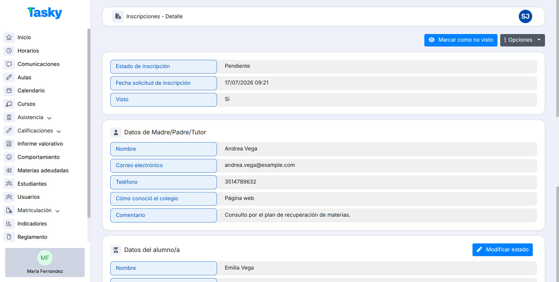 Detalle de inscripciones en Tasky