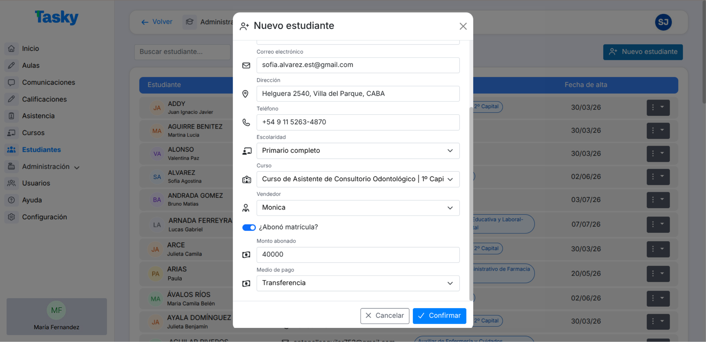 Integración de Pagos y Contabilidad con Matriculación en Tasky